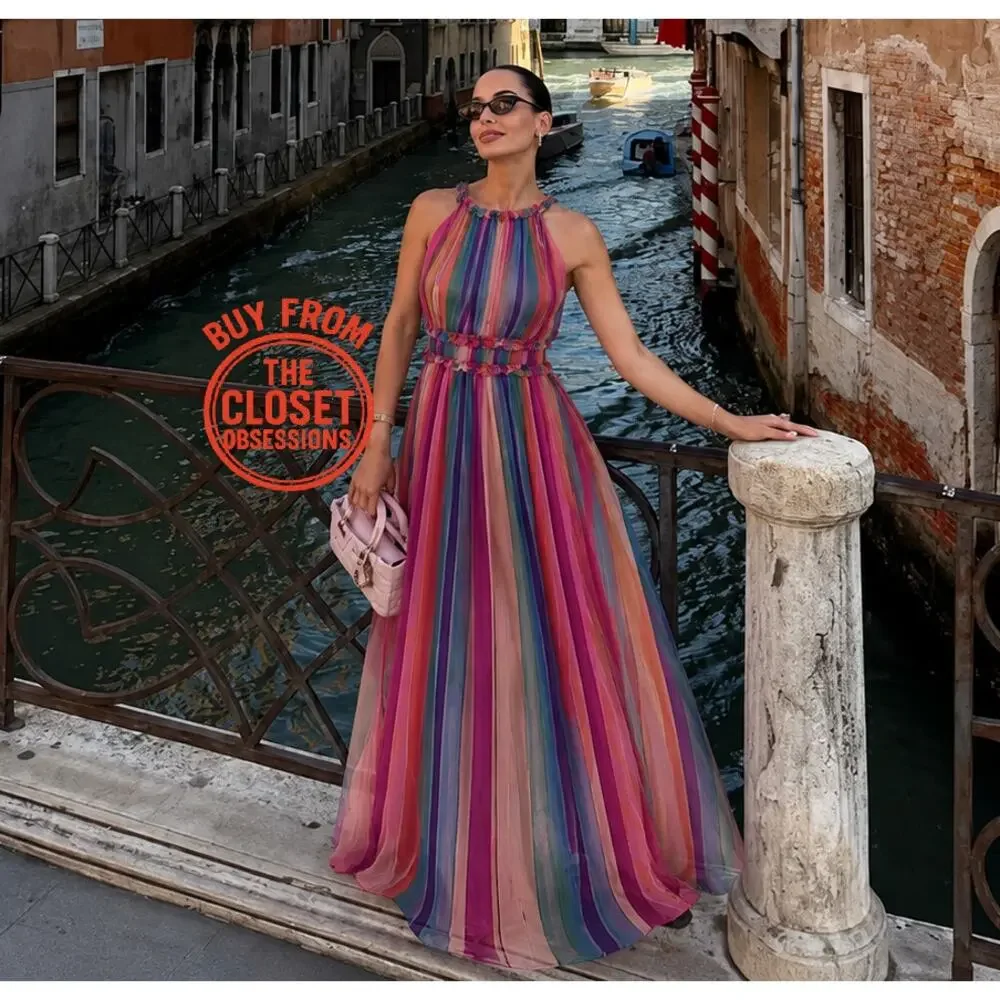 MANGO Stripe Halter Maxi Dress Resort Vacation Cruise Dress NWT Size 4 6